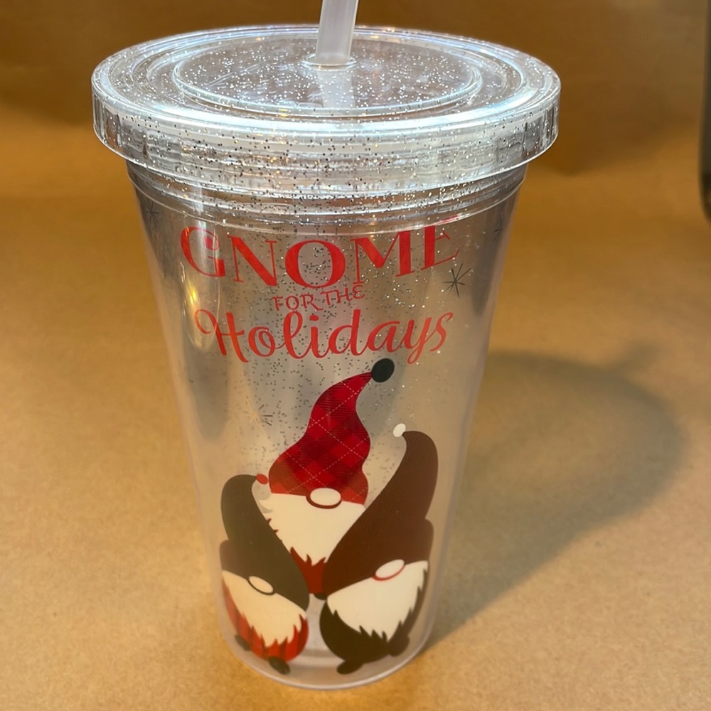 Gnome for the Holidays plastic tumbler with straw